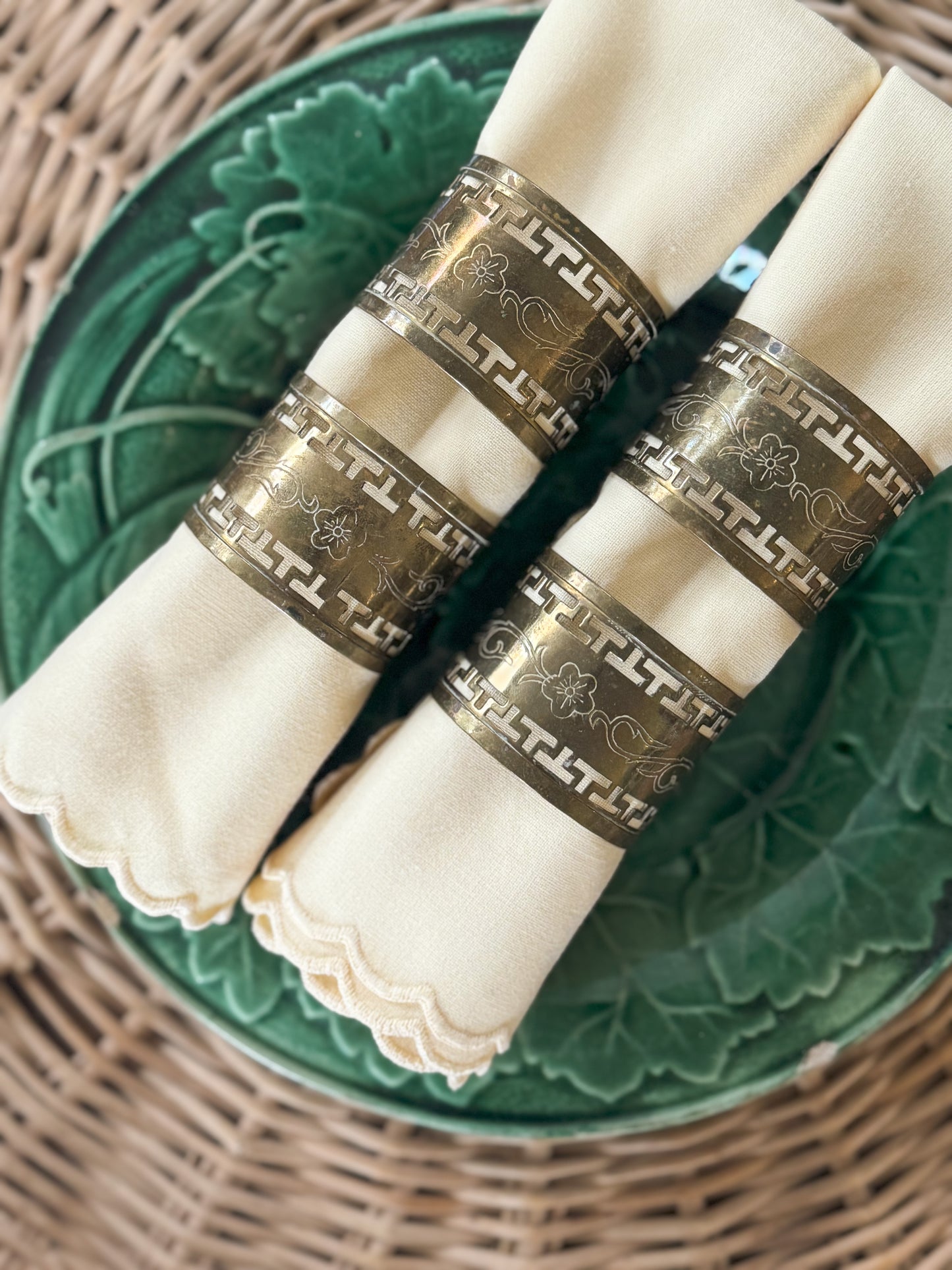 Vintage Etched Brass Floral Napkin Rings (Set of 4)