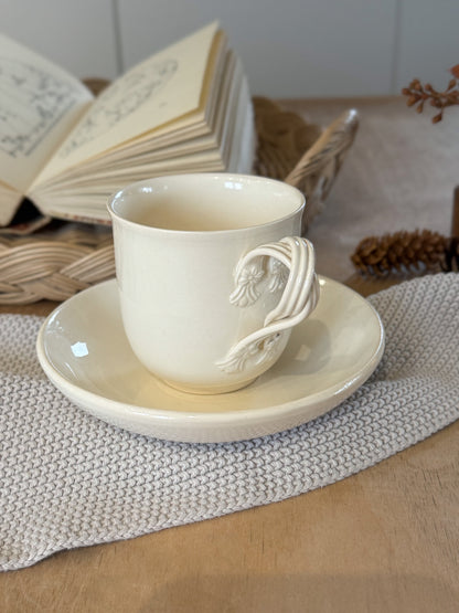 Vintage Leeds Creamware Cup & Saucer with Floral Detailing, Made in England