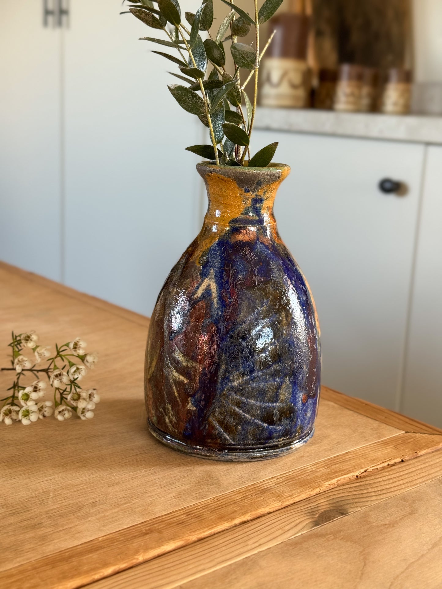 Vintage Raku Studio Pottery Blue & Earthy Toned Bottle Vase