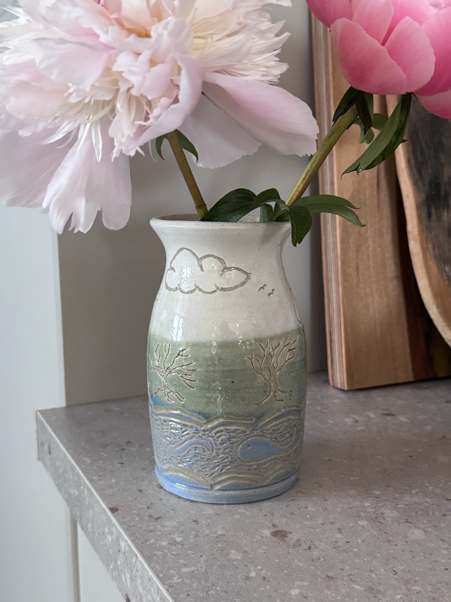 Vintage Studio Pottery Landscape Vase with Impressed Rural Scene
