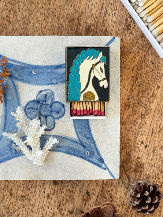 Vintage Brass & Enamel Horse Matchbox Cover (With Matches)