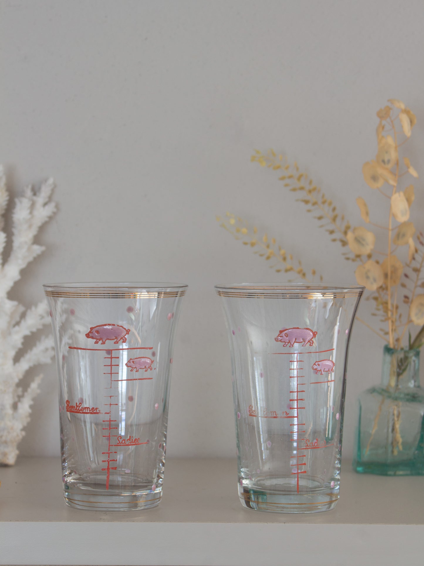 Vintage Midcentury Novelty Pig ‘Ladies & Gentleman’ Drinking Glasses - Set of 4