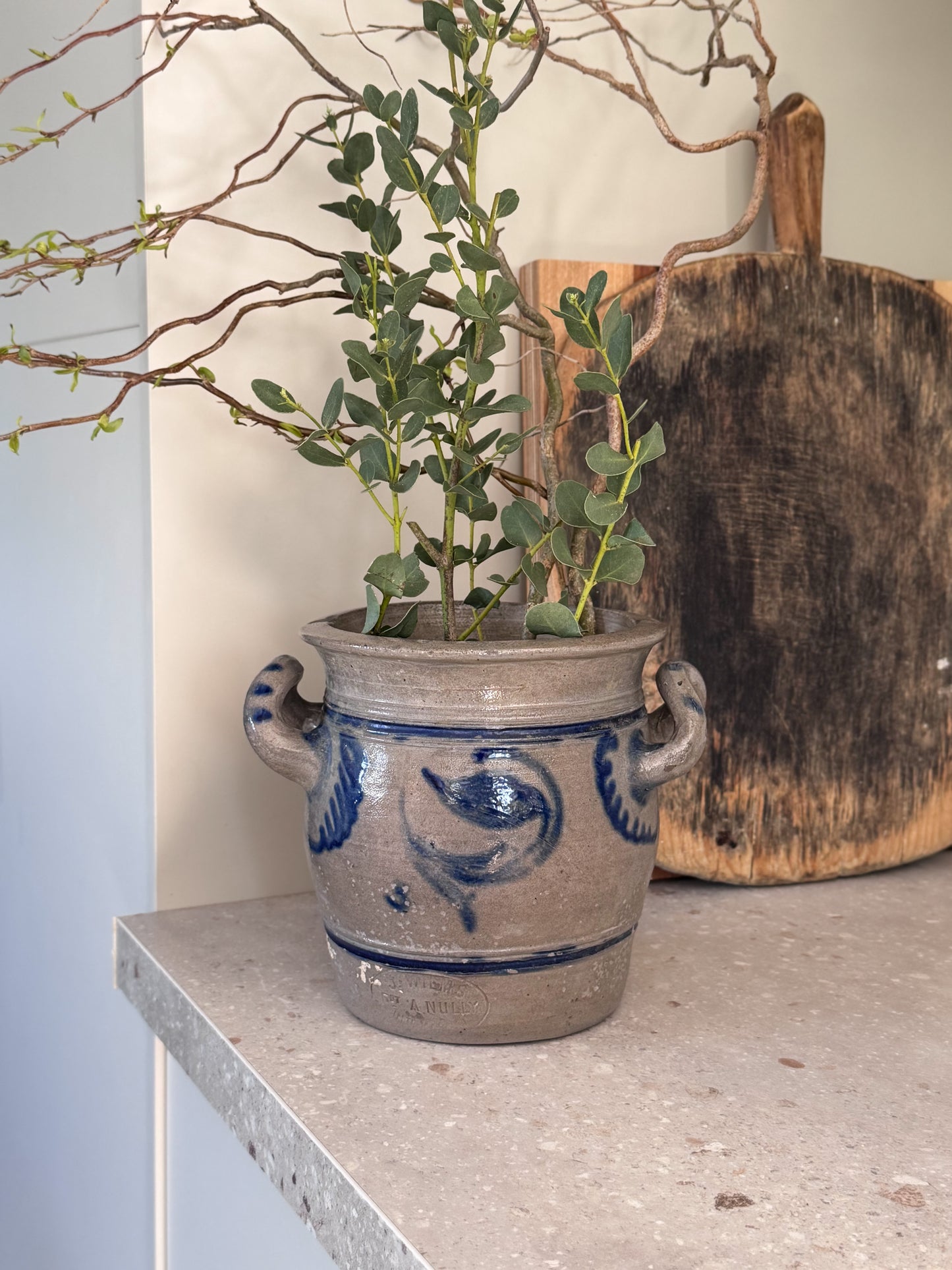 Antique Late 19th Century French Confit Pot by A. Nully, Cobalt Blue Stoneware Vessel