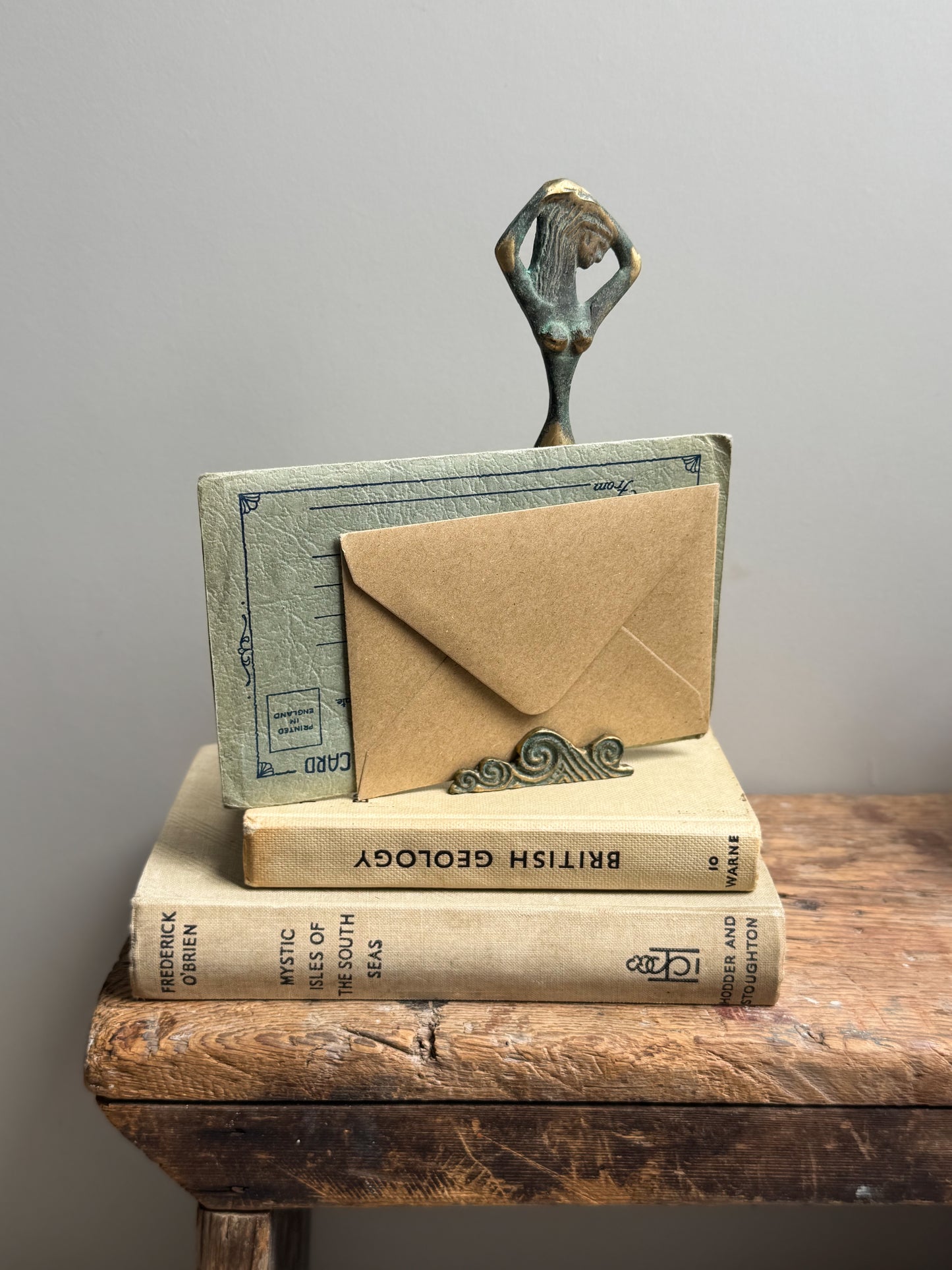 Vintage Mid-Century Brass Letter Holder, Female Form with Verdigris Patina