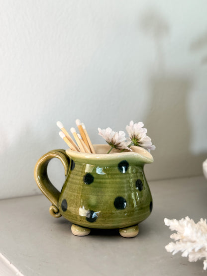 Vintage Olive Green Polka Dot Footed Creamer / Match Pot