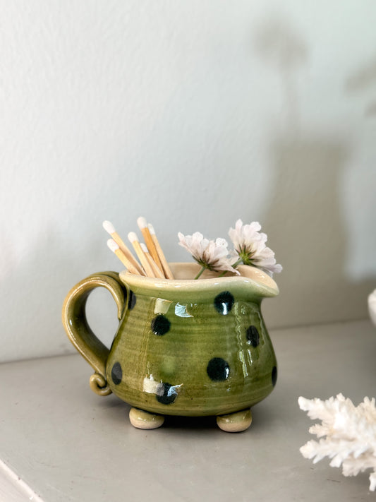 Vintage Olive Green Polka Dot Footed Creamer / Match Pot
