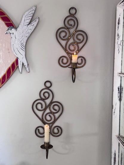 Vintage Solid Brass Swirl Wall Sconces - Pair of Ornate Scroll Candle Holders