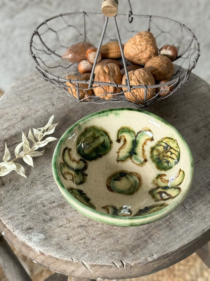 Antique Abstract Green Slipware Bowl