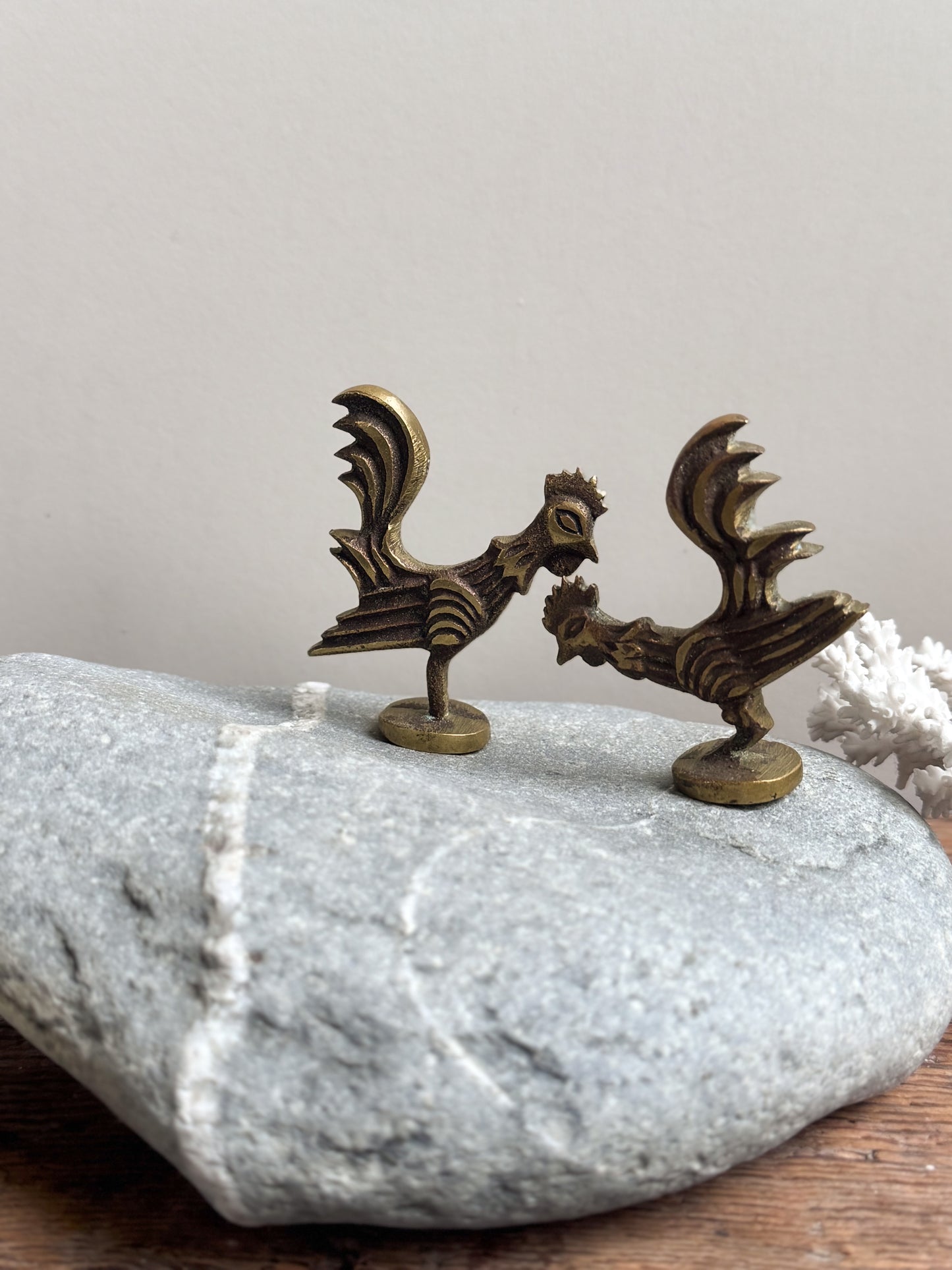 Pair of Vintage Solid Brass Pecking Hens
