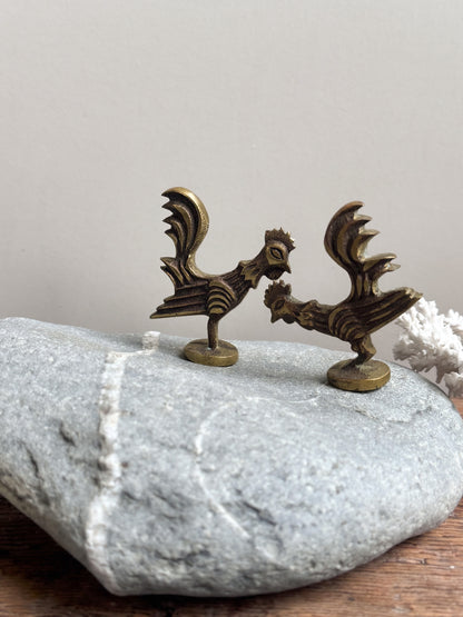 Pair of Vintage Solid Brass Pecking Hens