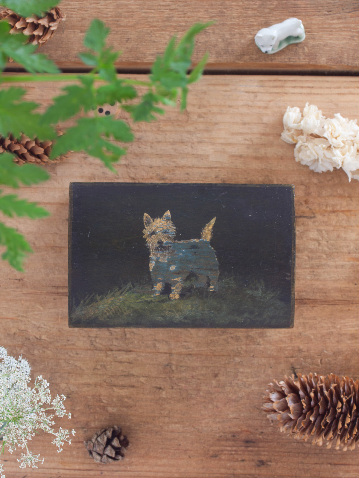Antique Hand-Painted Folk Art Terrier Wooden Box, C.1930s