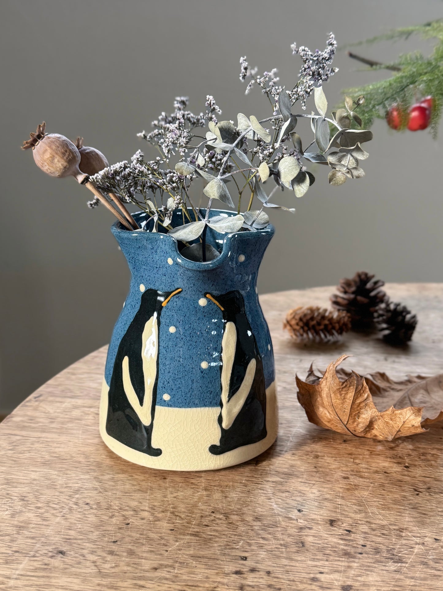 Vintage Handmade Studio Pottery ‘Penguins in the Snow’ Slipware Jug