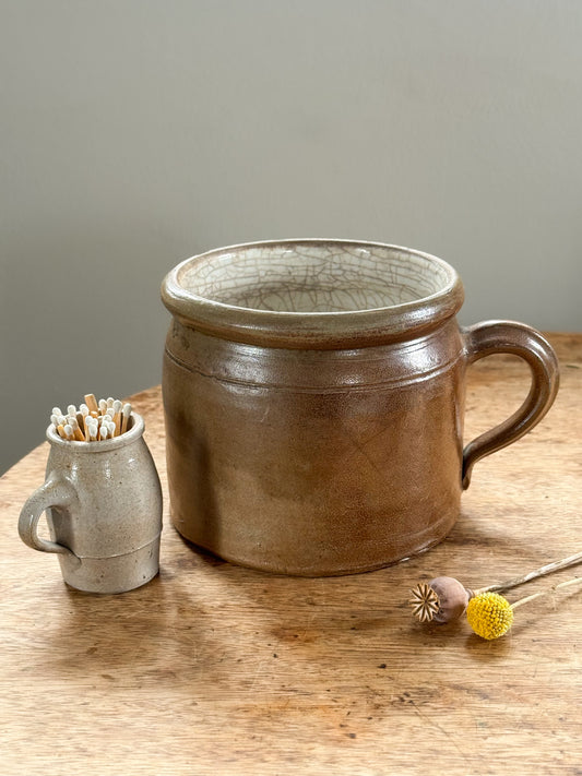 Large Antique French Confit Pot with Grey Crackle Interior