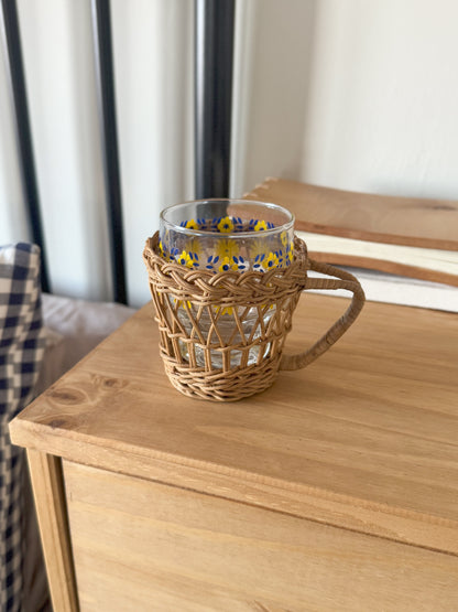 Vintage Midcentury Handblown Floral Drinking Tumbler with Wicker Casing