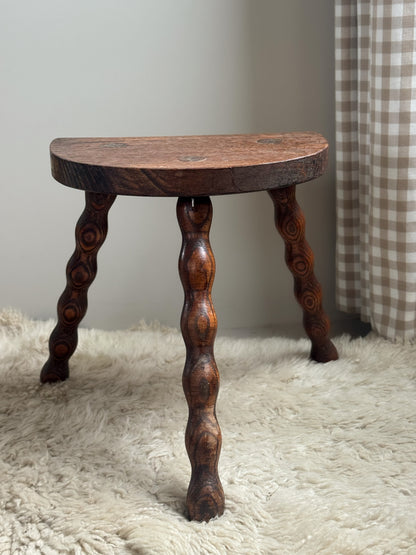 Vintage Handmade French Milking Stool with Bobbin Legs