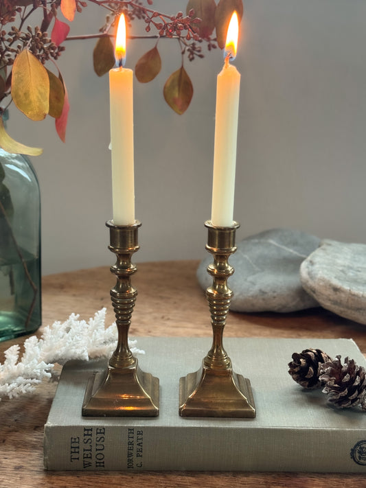 Pair of Vintage Miniature Brass Candlesticks with Candles