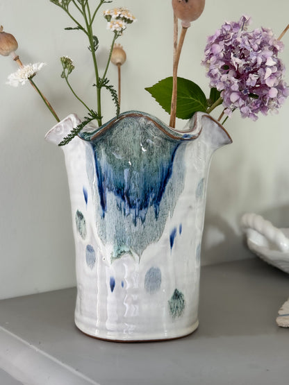 Large Studio Pottery Scalloped Vase with Painterly Blue Glaze