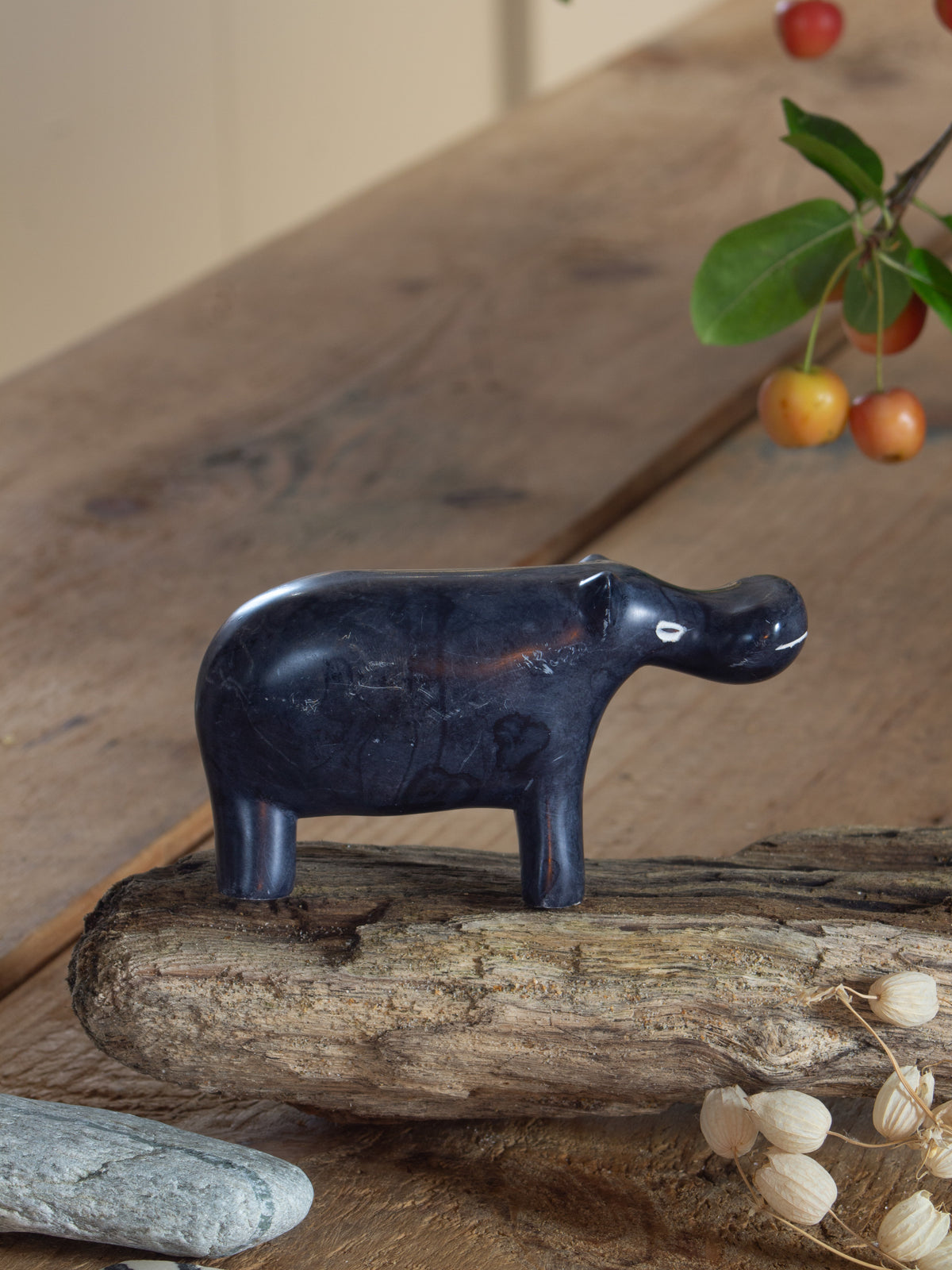 Vintage Midcentury Hand-Carved Black Onyx Hippo Sculpture