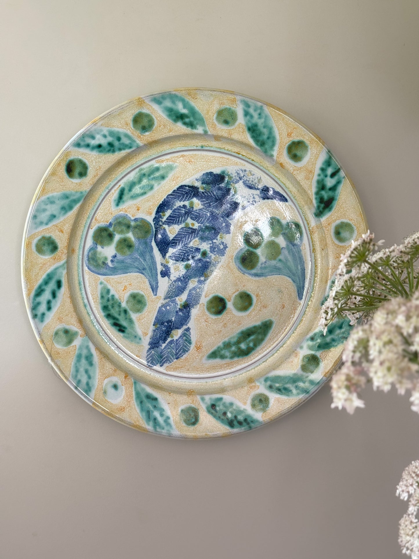 Vintage Blue & Green Studio Pottery Wall Plate, Hand-Painted Bird Design, 1985