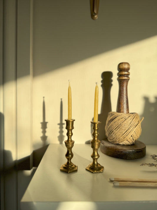 Miniature Brass Candlesticks with Beeswax Candles