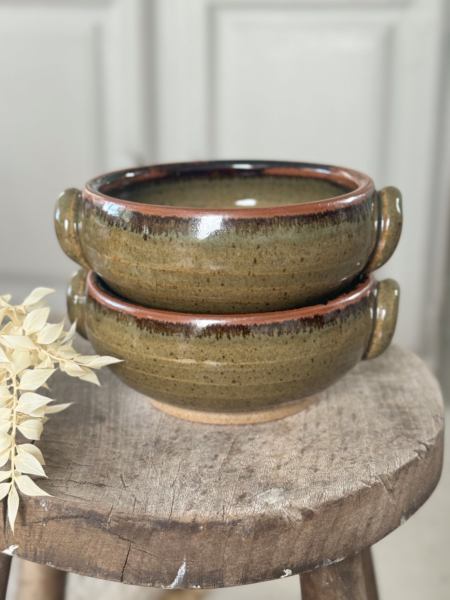 Pair of Studio Pottery Olive Green Salt Glazed Handled Bowls