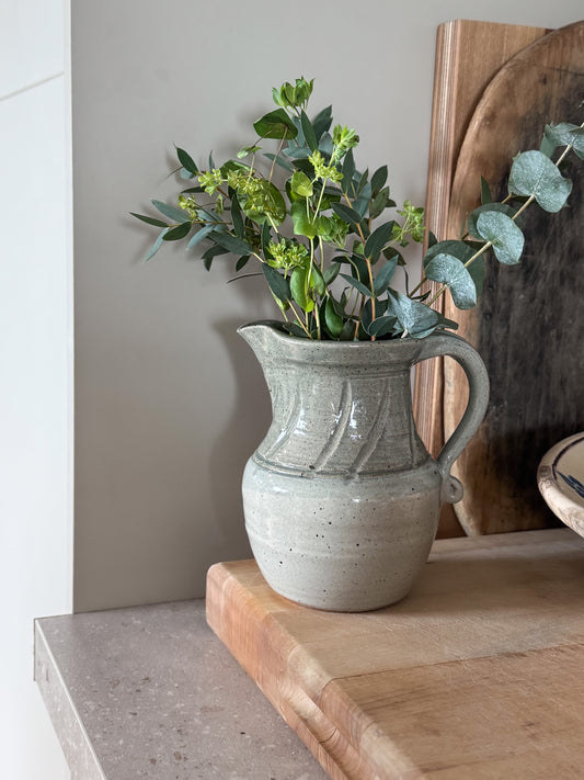 Vintage Studio Pottery Jug in Soft Sea Greens & Blue-Grey Tones