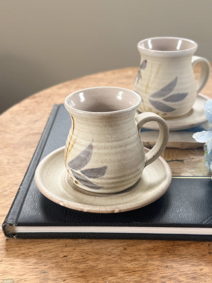 Vintage Pair of Hand-Thrown Studio Pottery Mugs & Saucers by Stanion Pottery