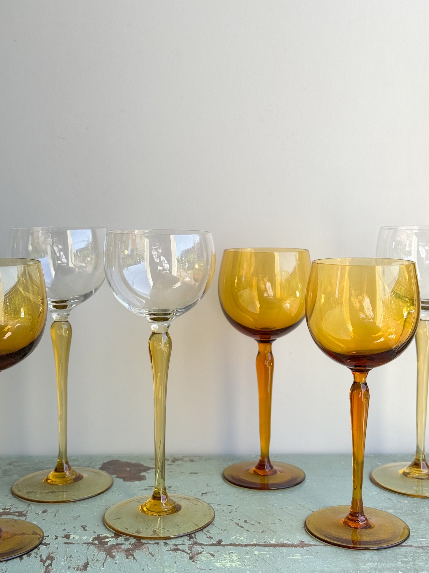 Mismatched Handblown Amber Hock Glasses (Set of 6)