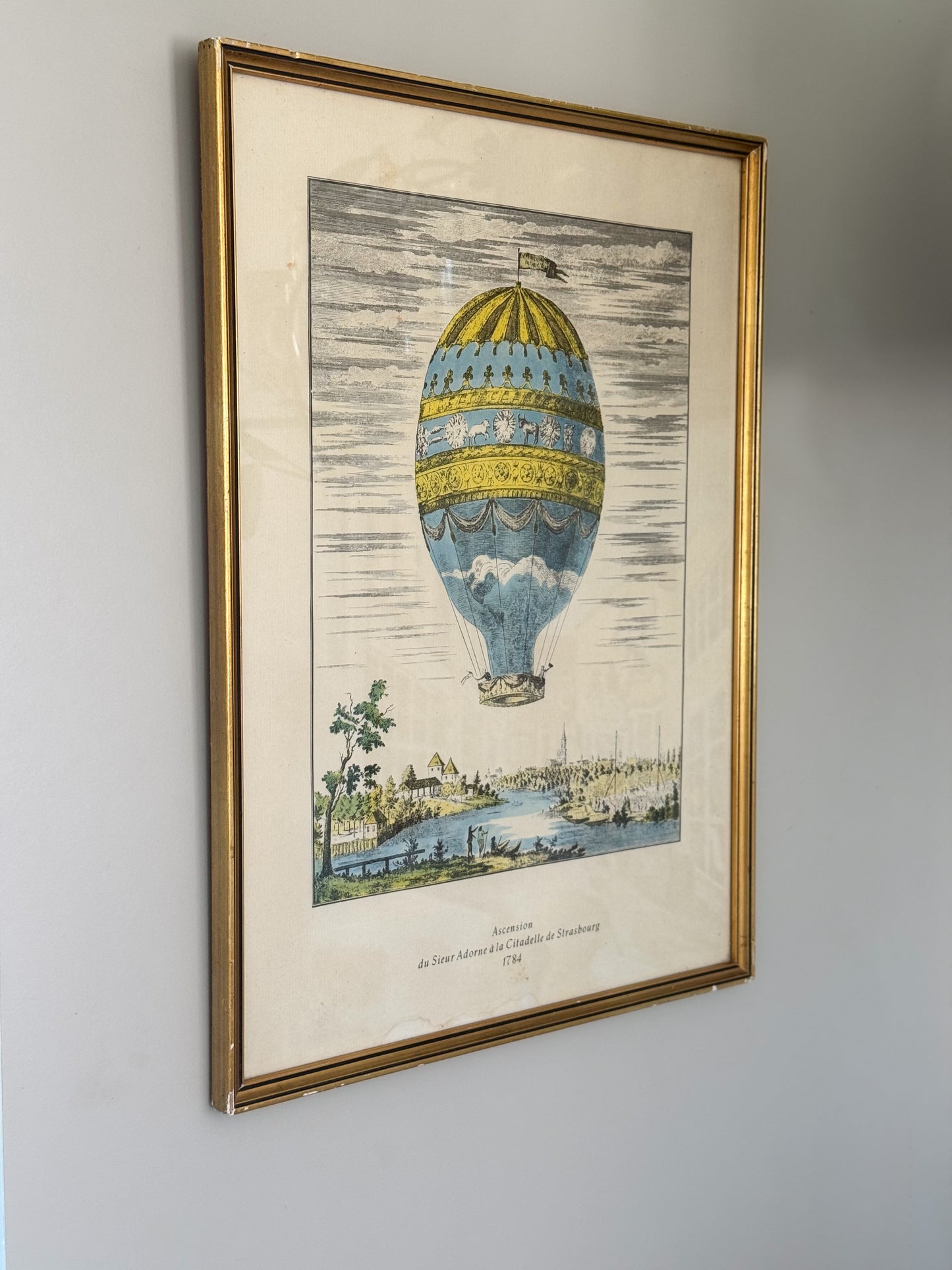 Antique French Framed Hot Air Balloon Etching • Ascension du Sieur Adorne à la Citadelle de Strasbourg, 1784
