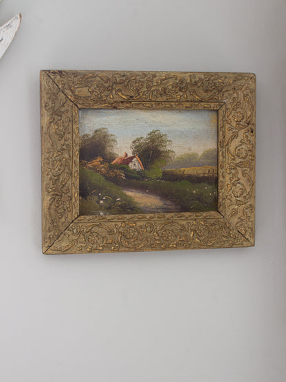 Antique Original Framed Oil Painting of a Country Cottage
