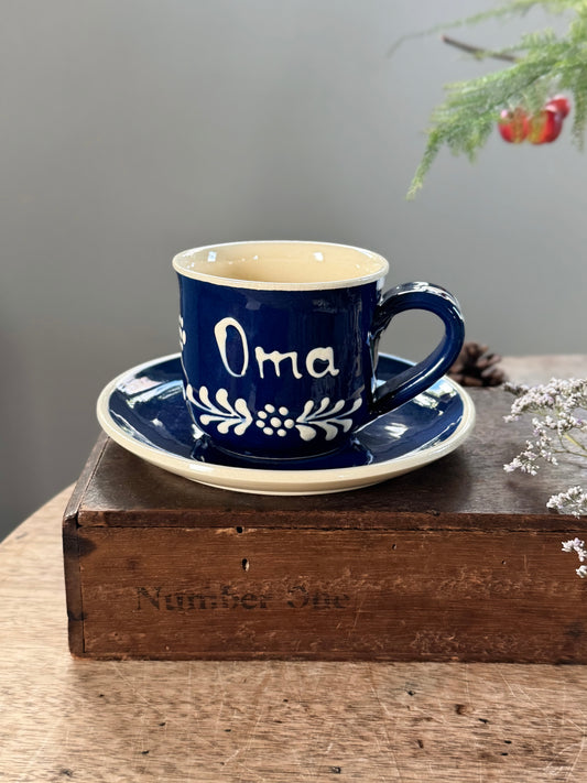 Vintage German Slipware ‘Oma’ / ‘Granny’ Mug & Saucer