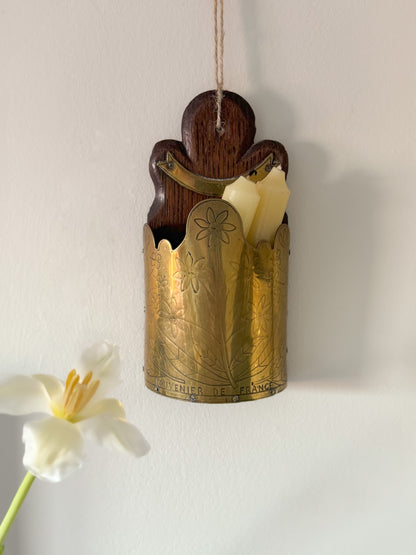 Antique French Brass & Oak Handmade Folk Art Wall Pocket | Candle Box
