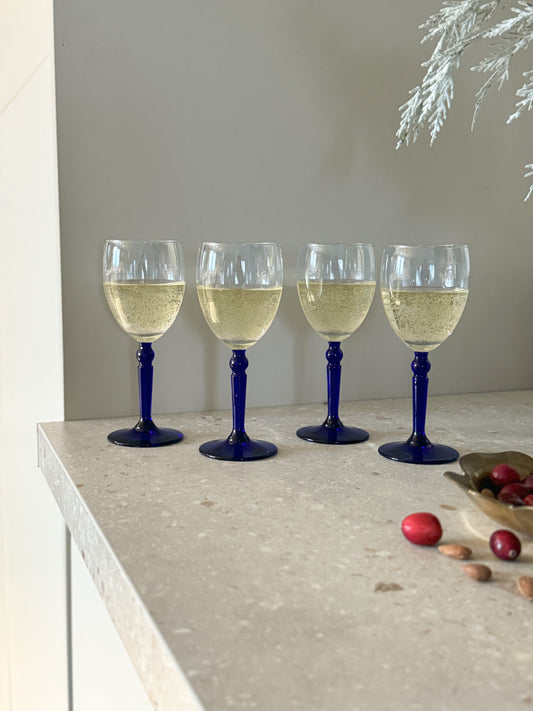 Vintage Handblown Cobalt Blue Stem Wine Glasses | Set of 4