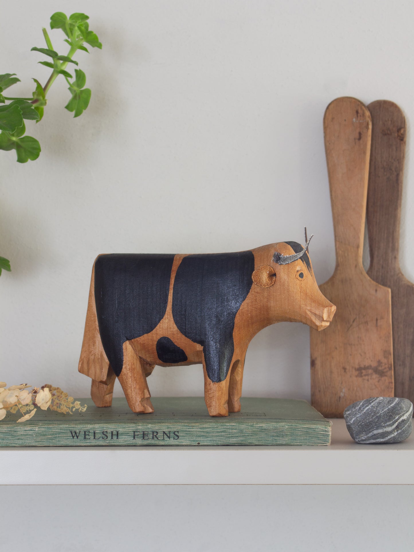 Vintage Hand-Carved & Handpainted Folk Art Wooden Cow