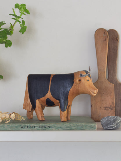 Vintage Hand-Carved & Handpainted Folk Art Wooden Cow