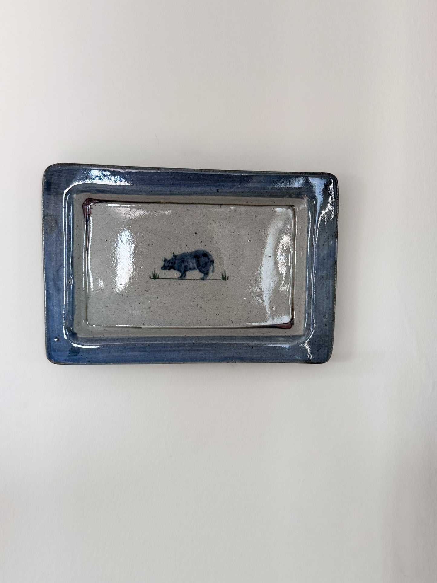 Vintage Studio Pottery Speckled Blue & Grey ‘Little Grazing Cow Wall Plate’