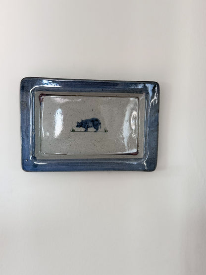 Vintage Studio Pottery Speckled Blue & Grey ‘Little Grazing Cow Wall Plate’