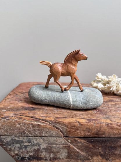 Vintage Hand-Carved Wooden Foal - Miniature Folk Art Horse Sculpture