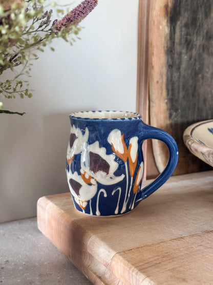 Welsh Studio Pottery Blue Floral Slipware Mug by Wendy Gill, Earthworks Pottery