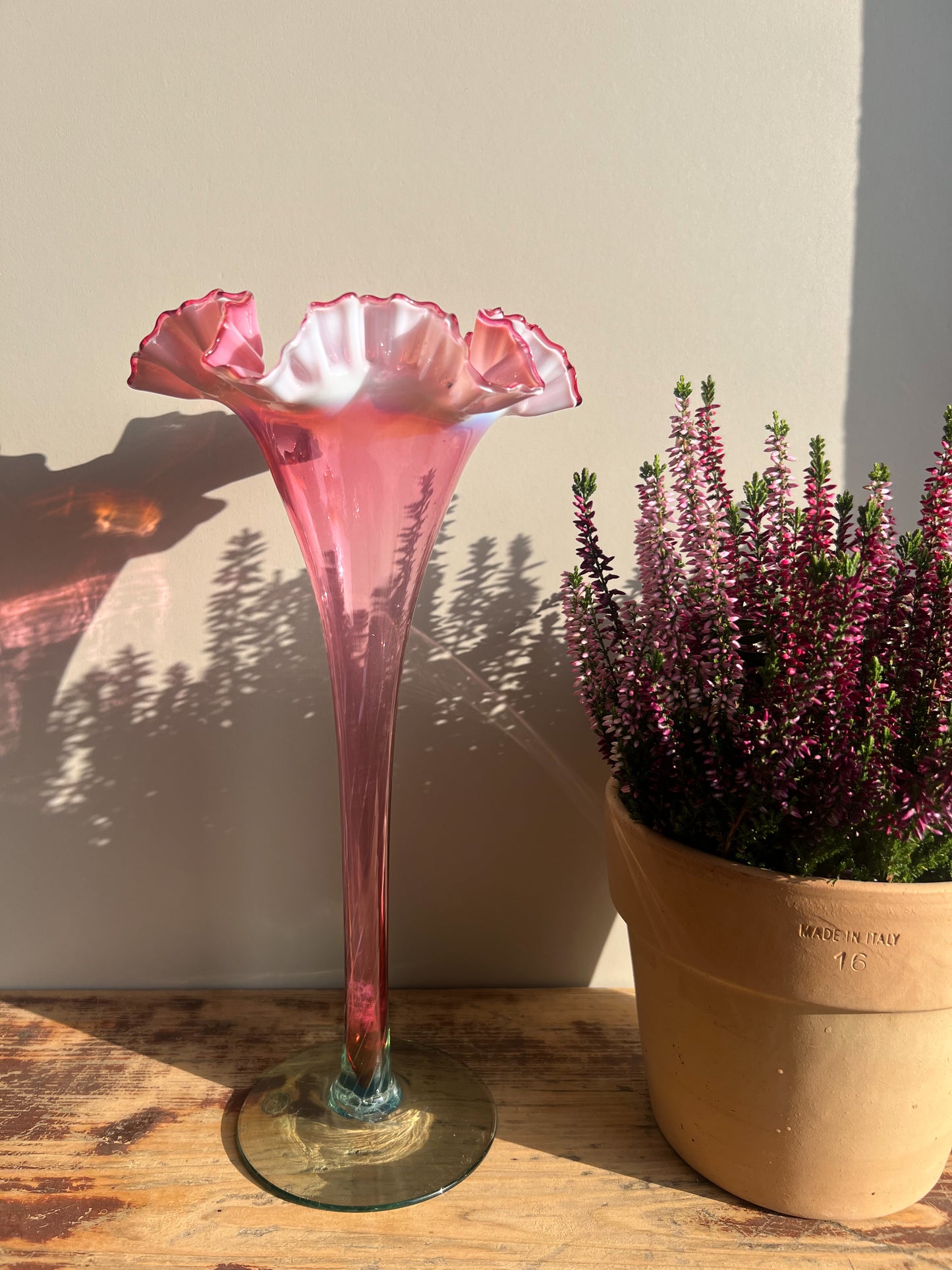 Murano Cranberry Art Glass Fazzoletto Vase • Ruffled Bud Vase