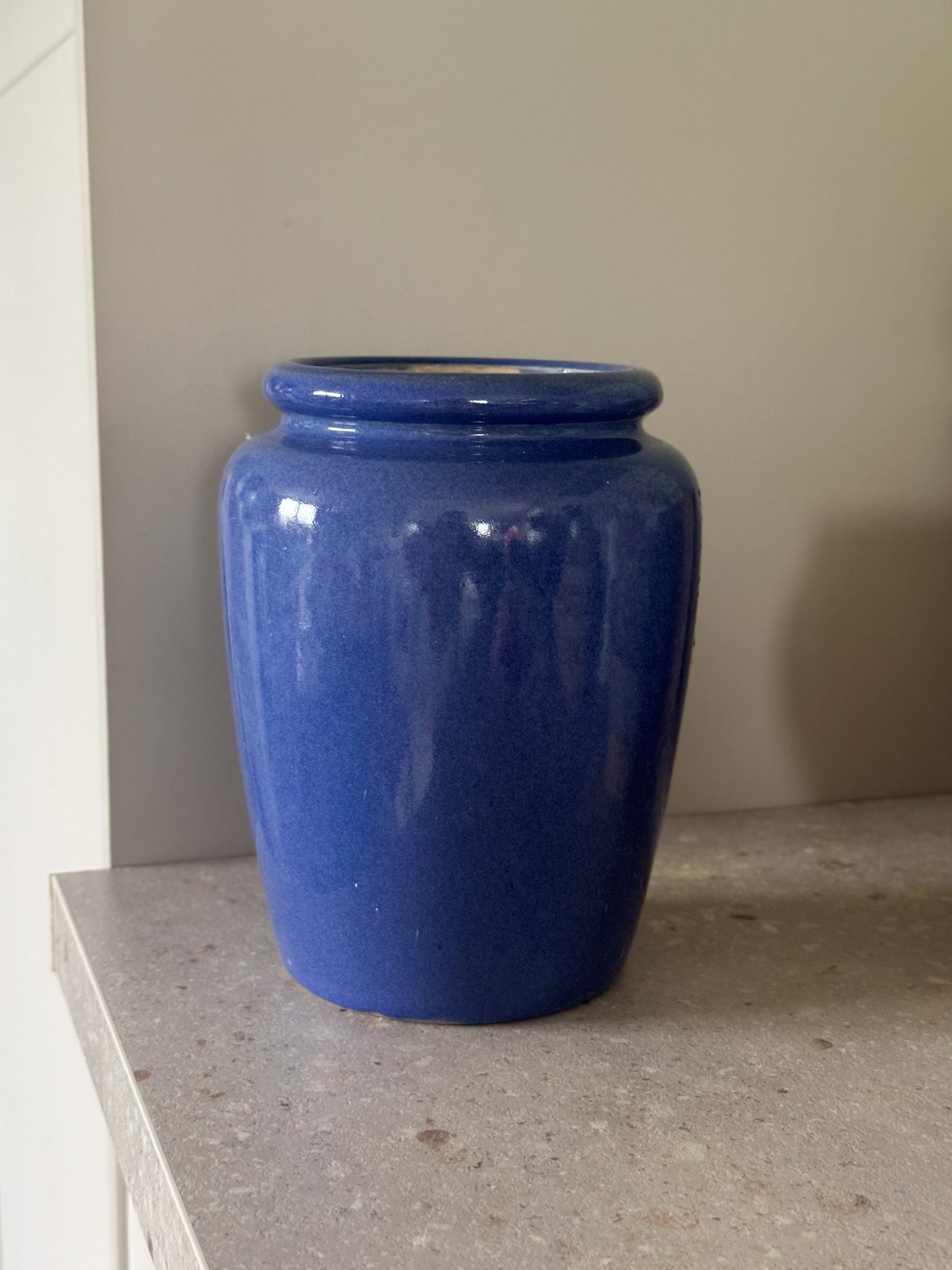 Antique Victorian Blue Glazed Stoneware Pot with Drip Glaze Interior