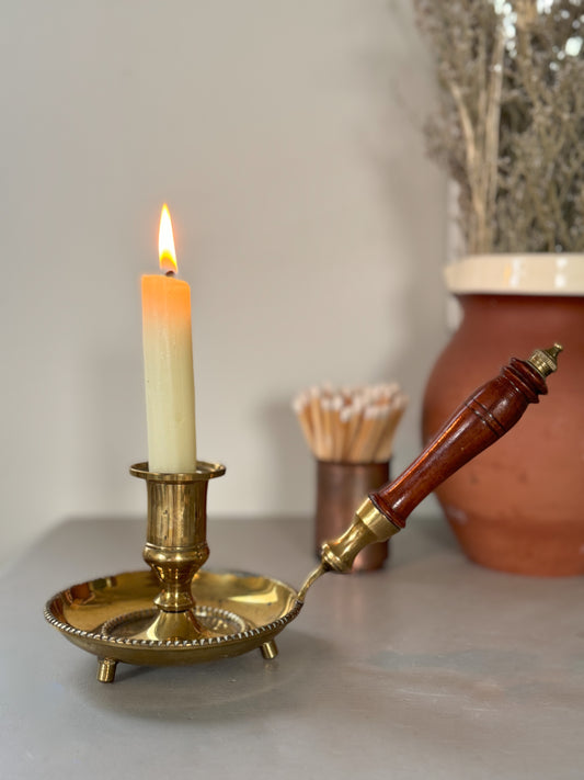 Vintage Brass Chamberstick with Wooden Handle