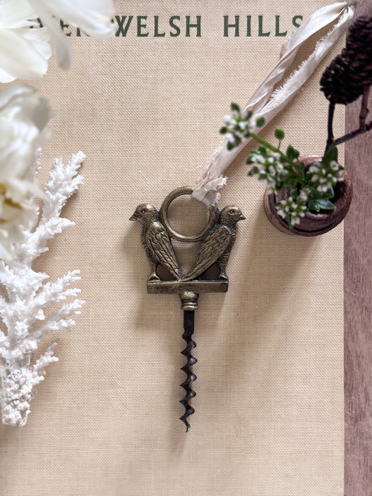 Vintage Solid Brass Birds Corkscrew with Recycled Silk Sari Ribbon