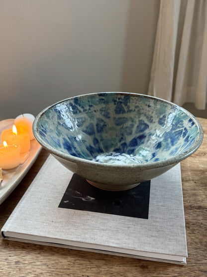 Large Vintage Studio Pottery Bowl with Painterly Blue Glaze