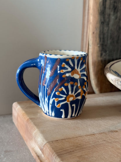 Welsh Studio Pottery Blue Floral Slipware Mug by Wendy Gill, Earthworks Pottery