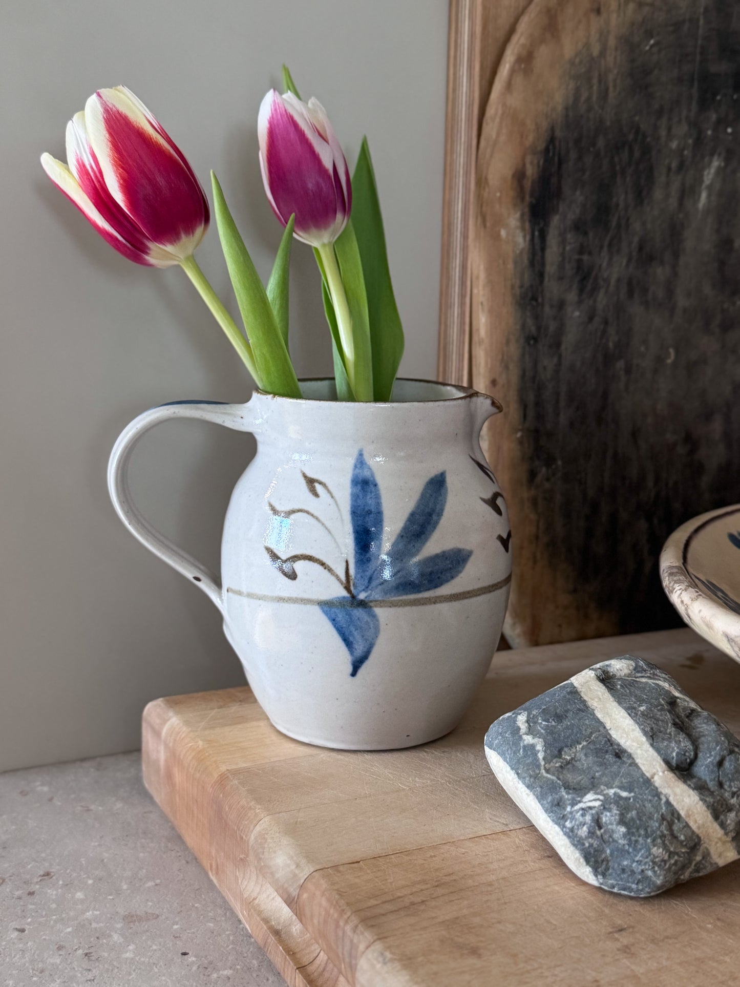 Vintage Abstract Blue Floral Studio Pottery Jug
