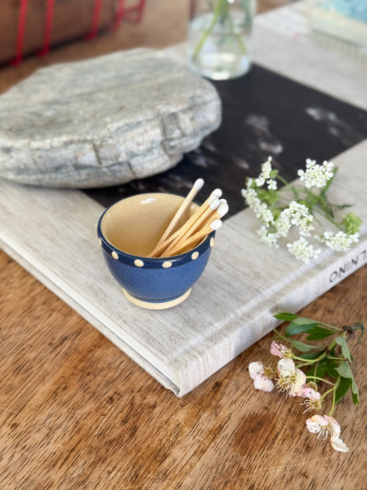 Tiny German Studio Pottery Bowl – Cobalt Blue with Dotted Rim
