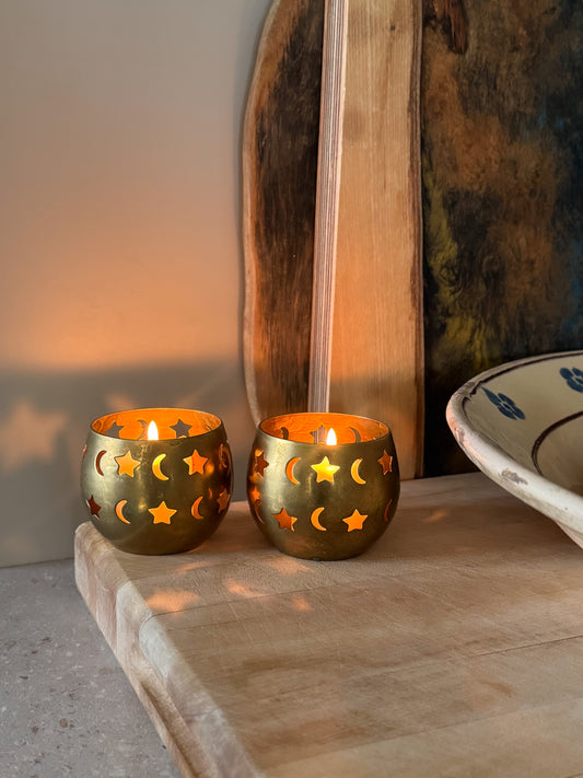 Vintage Solid Brass Star & Moon Candle Holders (Pair)