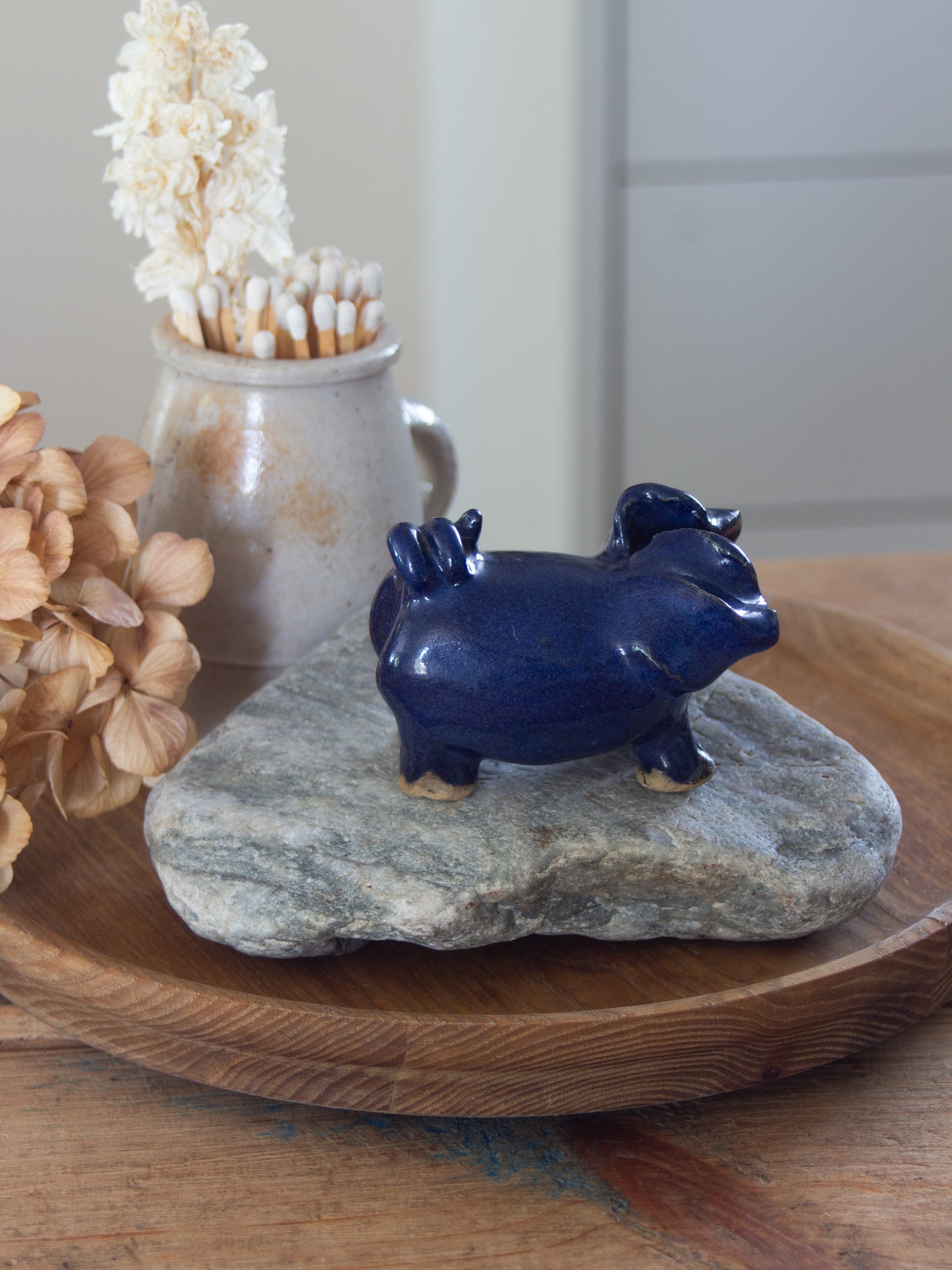 Vintage Studio Pottery Folk Art Pig Figure in Cobalt Blue Glaze