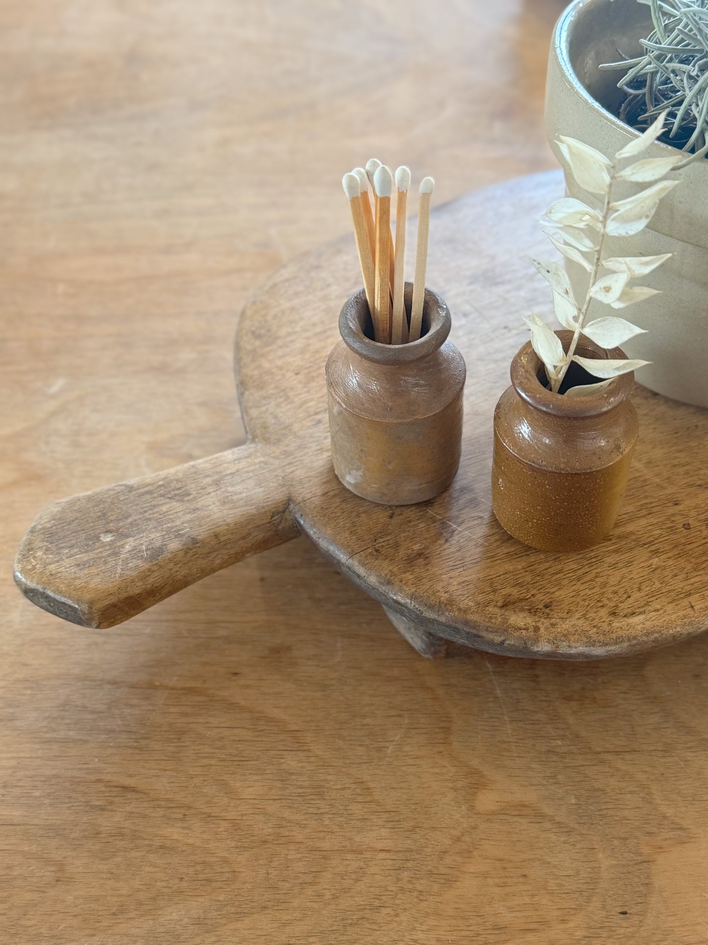 Pair of Antique Brown Stoneware Match Pots